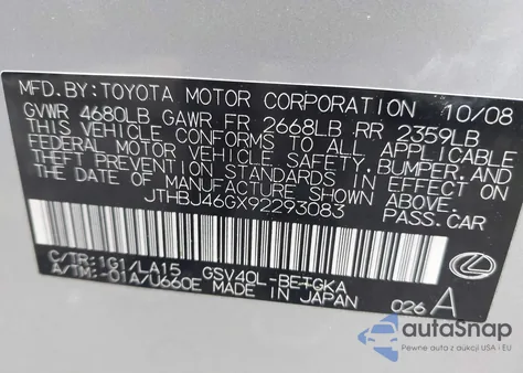 2009 Lexus Es 350 from USA, damaged, VIN JTHBJ46GX92293083